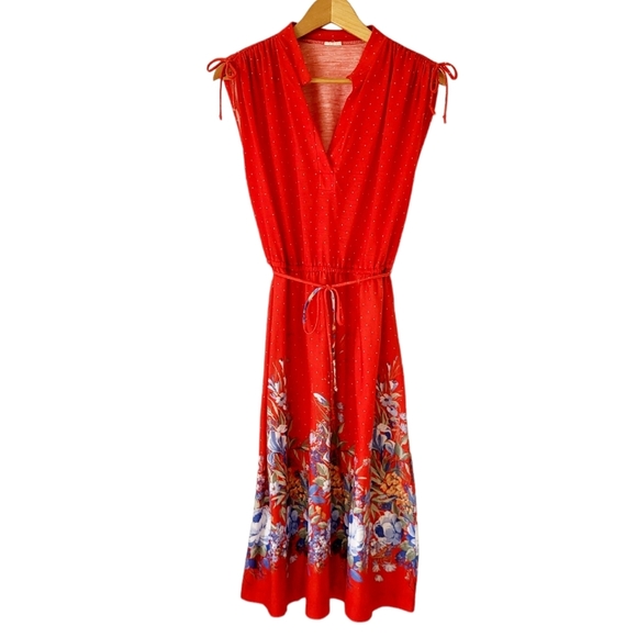 Vintage Polka-dot and Floral Drawstring Shoulder Sleeveless Dress Red Size S - Picture 1 of 12